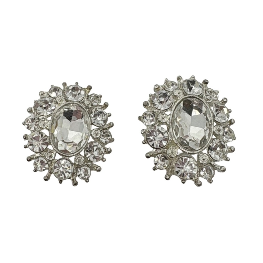 Silver Tone Crystal Rhinestone Sunburst Oval Clip On Earrings Vintage Style‎